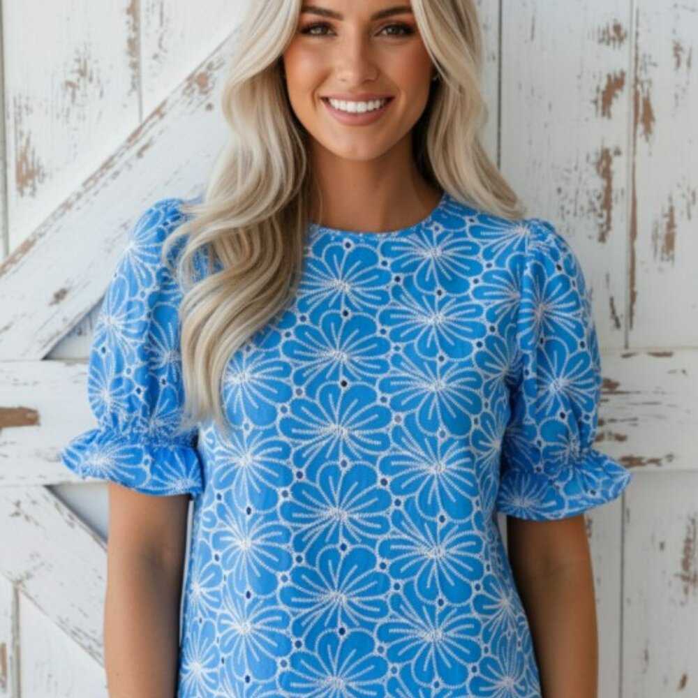 Flower Embroidered Eyelet Puff Sleeve Blouse Sky Blue